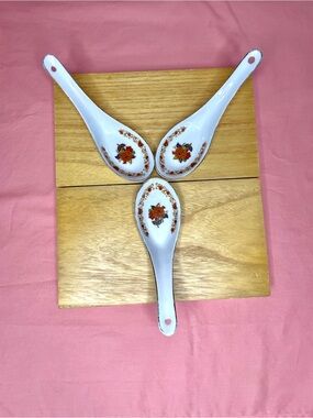 Vintage Floral Porcelain Soup Spoons - Set of 3, White with Floral Decal
